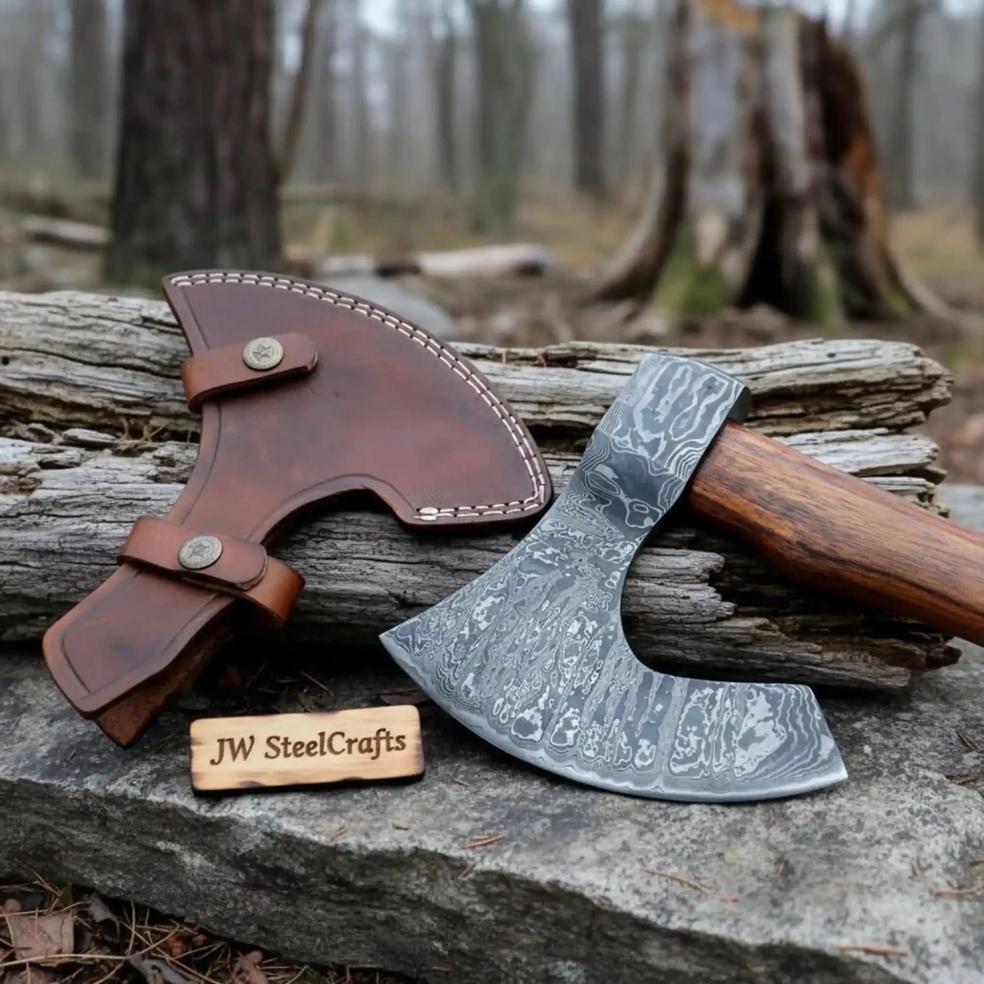 Damascus Steel Camp Axe with 19 Inch Rosewood Handle, Handmade Bushcraft Hatchet with Leather Sheath by JW SteelCrafts, leather knife sheath main product photo
