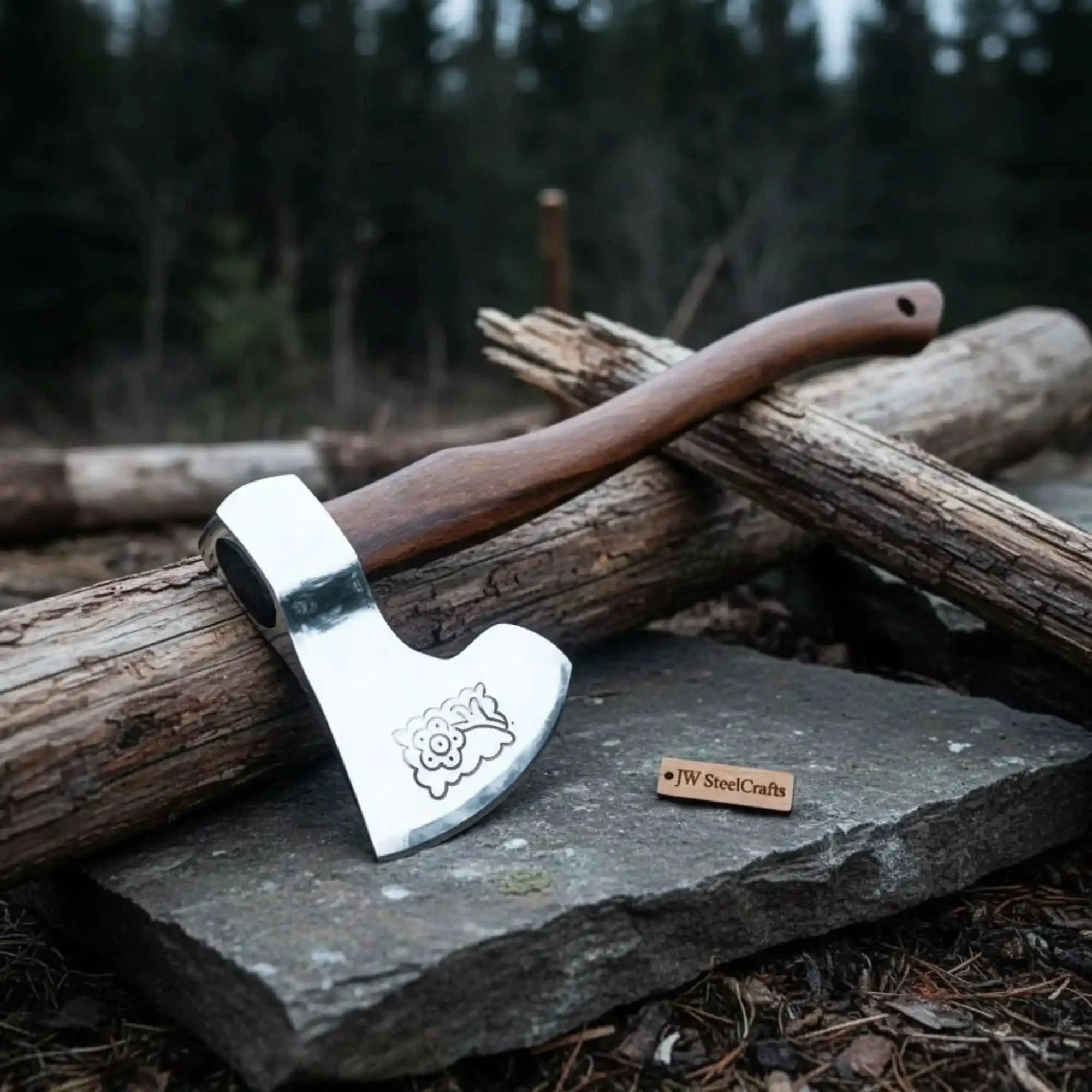 Hand Forged Damascus Steel Viking Axe – Bearded Camping Hatchet with Hardwood Handle & Leather Sheath | JW SteelCrafts by JW SteelCrafts, leather knife sheath main product photo