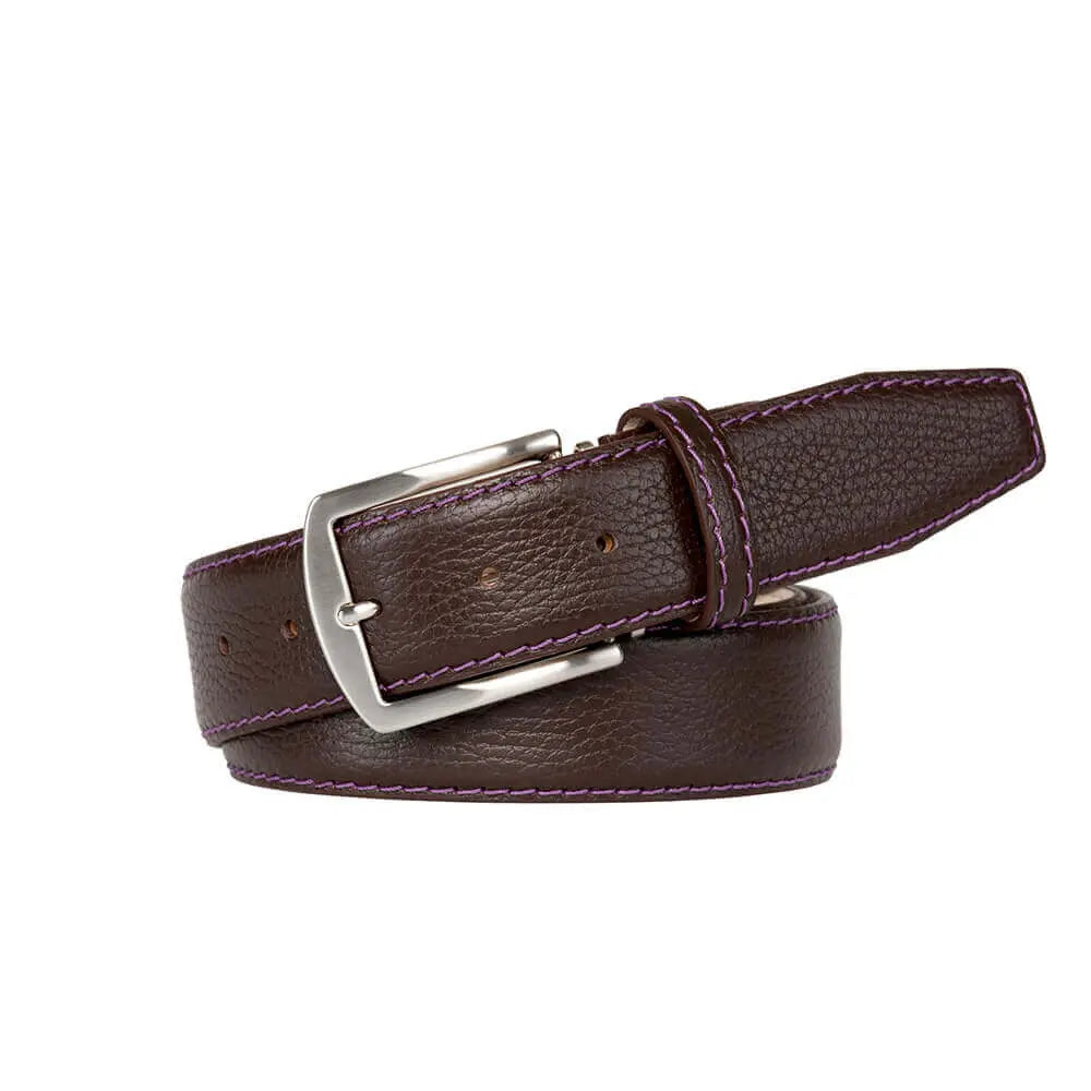 Brown pebble grain belt showing handmade leather craftsmanship