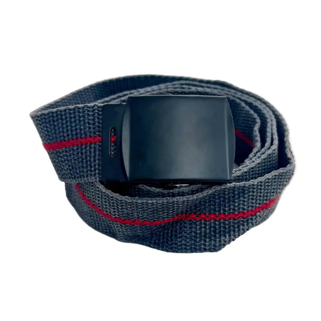 Grey canvas utility belt with red stripes and a black buckle.