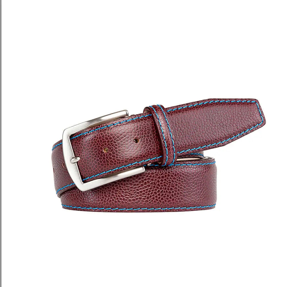 Burgundy French Pebble Grain Belt by Roger Ximenez: Bespoke Belts and Leather Accessories, handmade leather goods detail photo 4