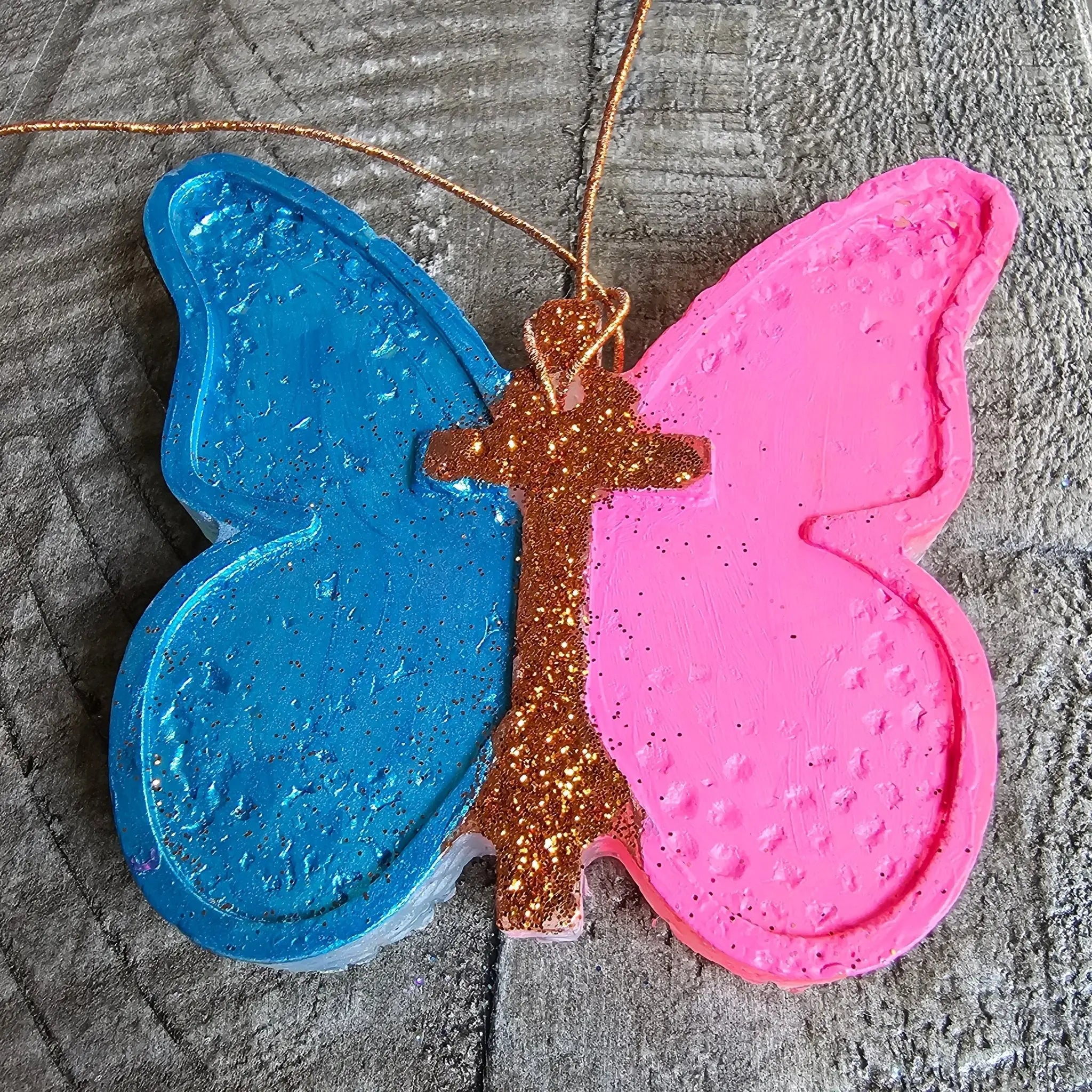 Butterfly Car Freshie: Handmade Aroma Bead Air Freshener - Blue & Pink, Gold Glitter Cross - Main Street Collective