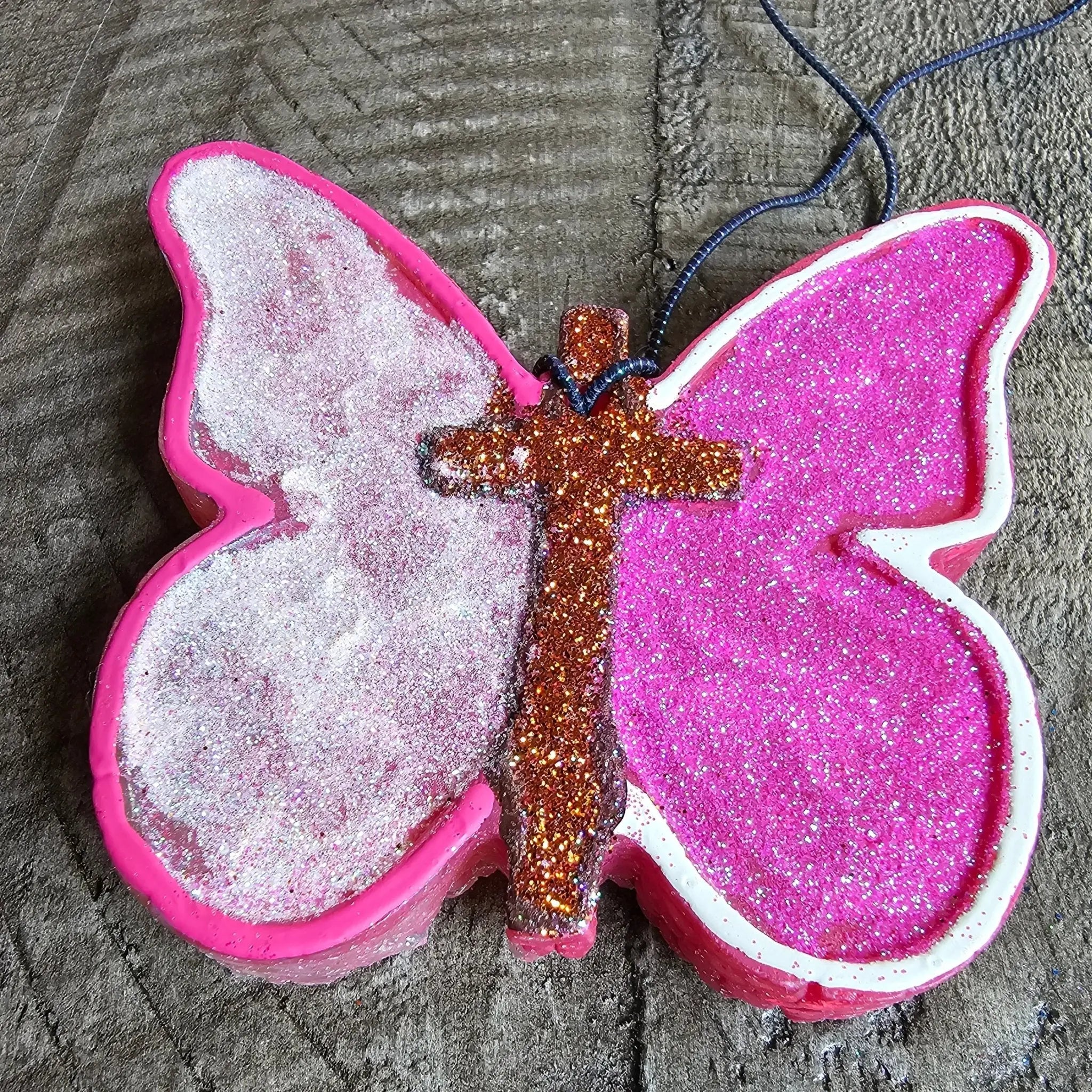 Butterfly Car Freshie: Handmade Aroma Bead Air Freshener with Cross Design - Pink and White Glitter