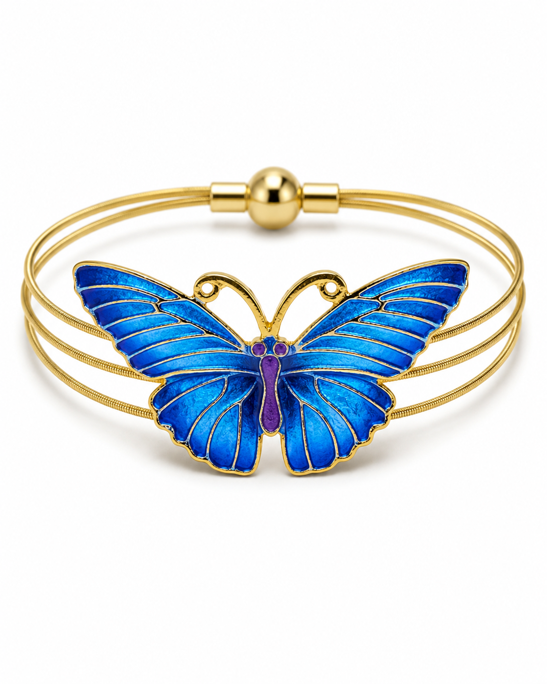 Gold bracelet with a blue butterfly charm on a white background