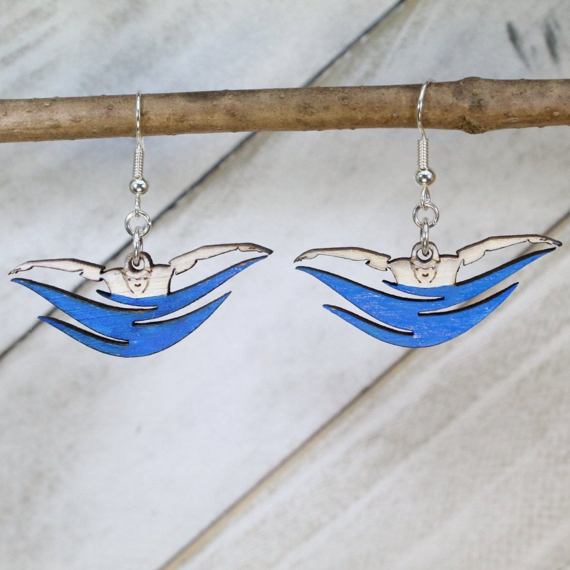 Butterfly Stroke Swimmer Wooden Dangle Earrings | Swim Jewelry