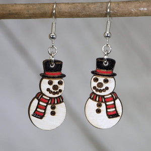 Button Nose Snowman Wooden Dangle Earrings | Christmas Jewelry