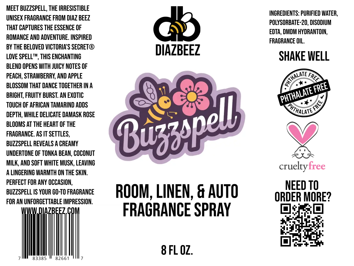 Buzzspell room, linen, and auto fragrance spray logo with a bee and flower graphic; "cruelty-free" bunny logo on the right.