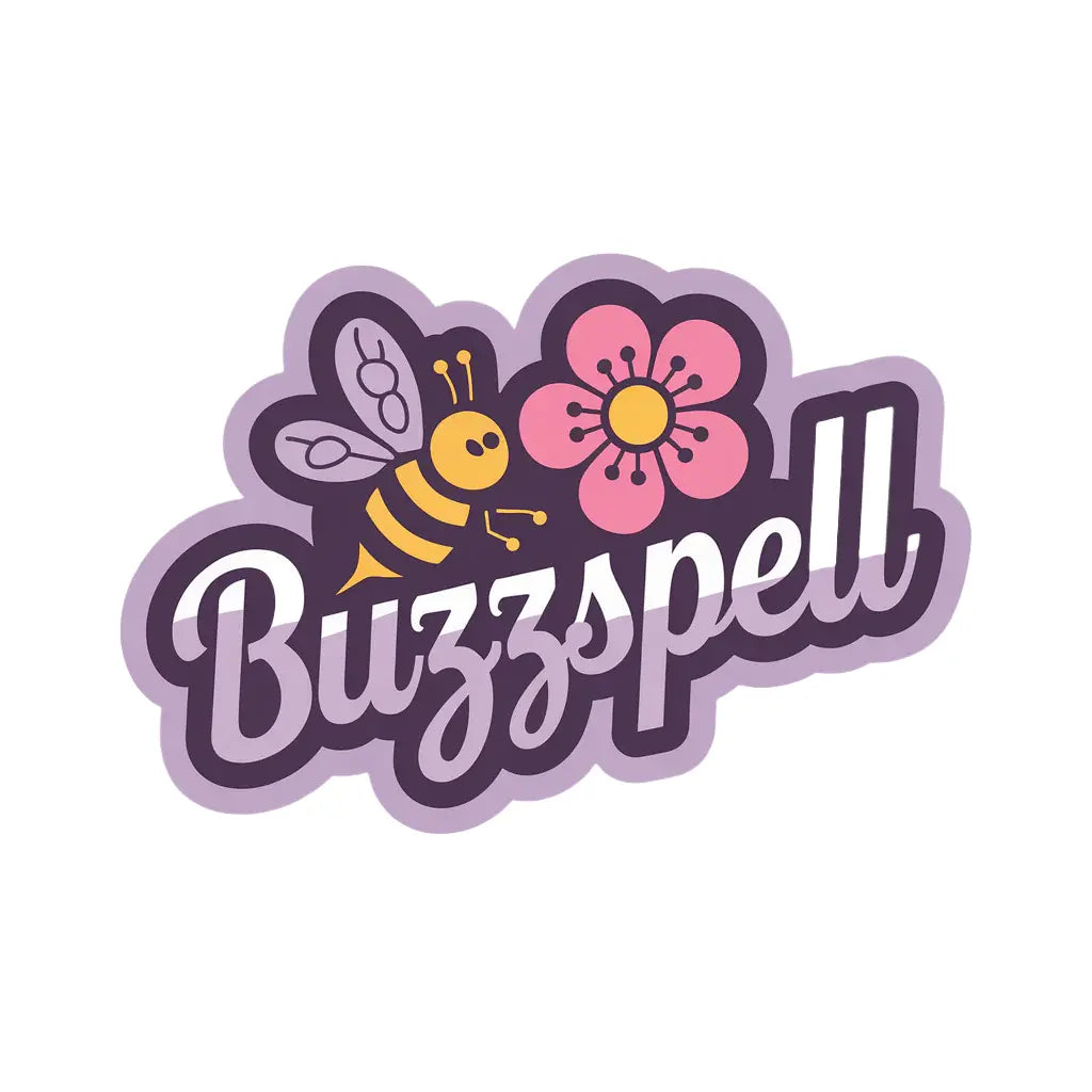 Logo with a bee, flower, and the text "Buzzspell".