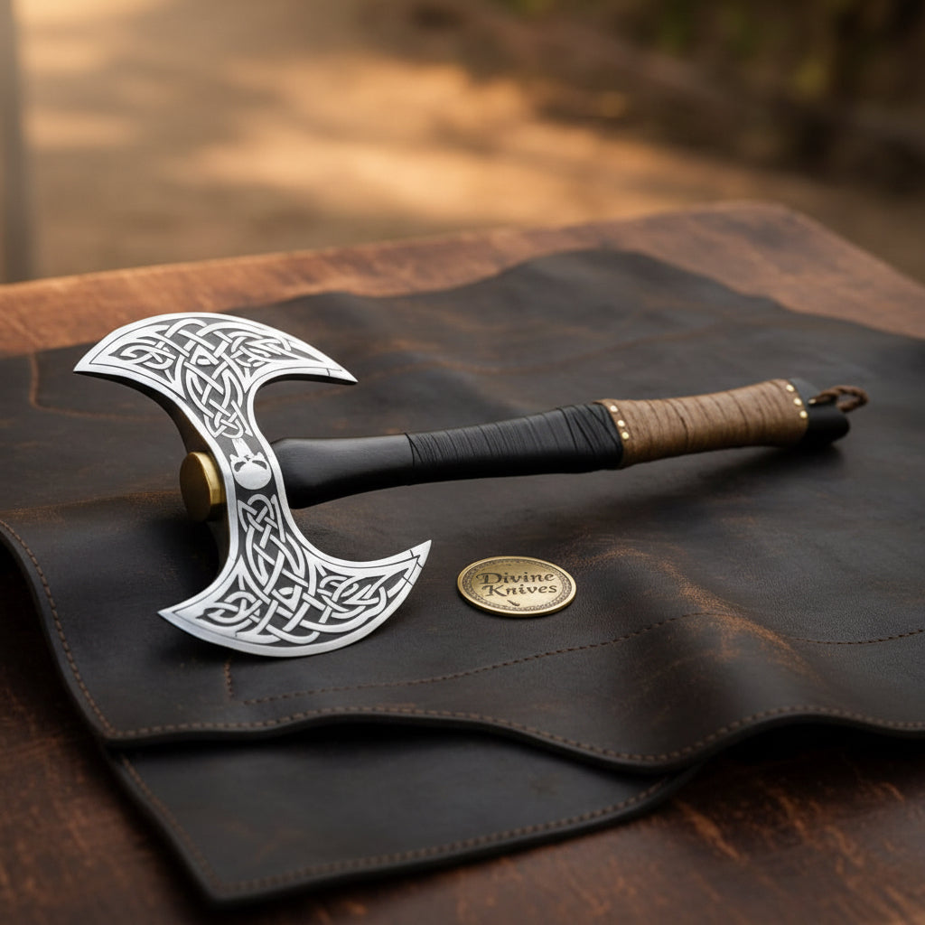 Viking Double-Headed Battle Axe with Knotwork and Skull Motif