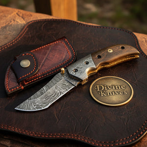 Walnut Handle Folding Knife with Brass Liners and Crocodile Print Leather Belt Pouch