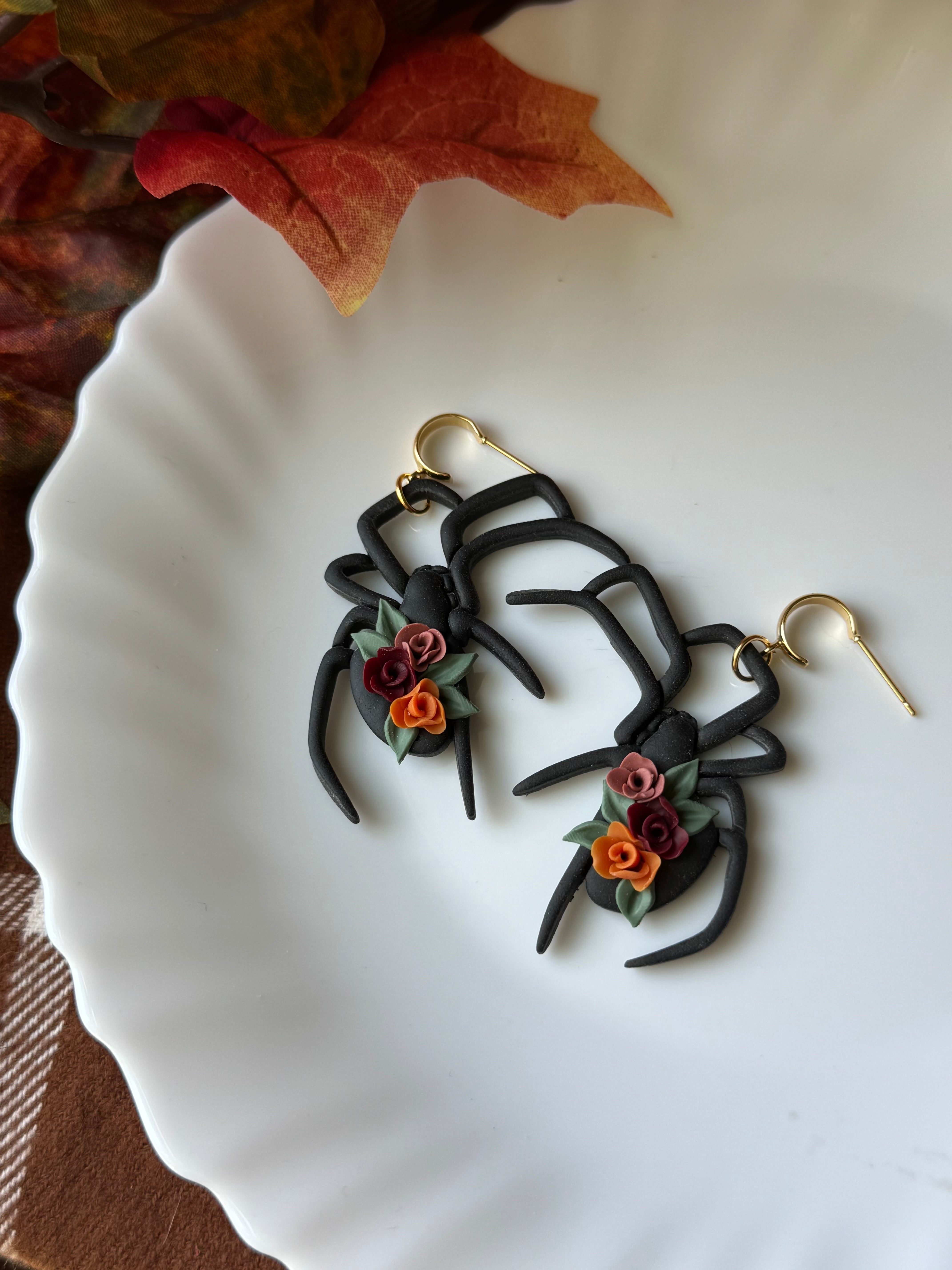 Floral Spider Earrings handmade polymer clay earrings by Shop Something Earthy — view 1 of 2