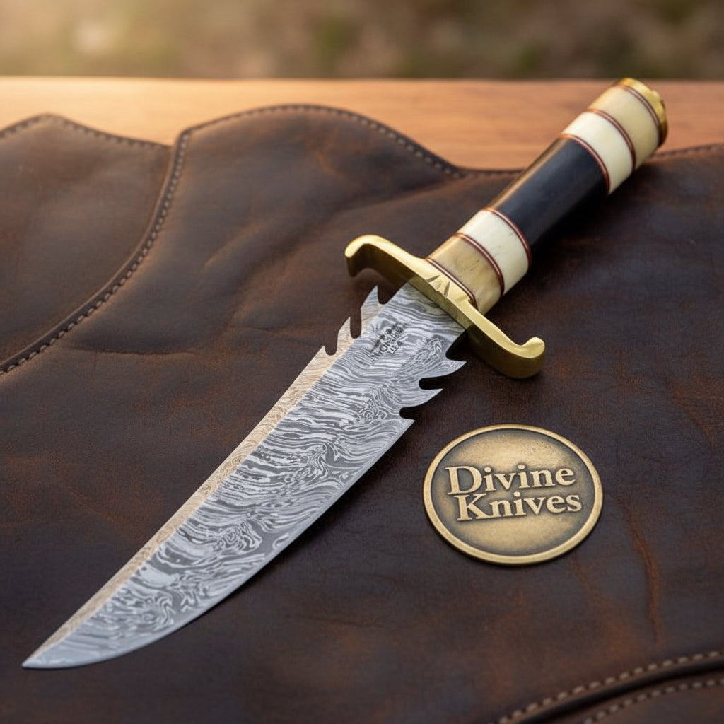 Stacked Bone Damascus Sawback Bowie with Alternating Bone Handle