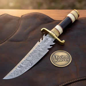 Stacked Bone Damascus Sawback Bowie with Alternating Bone Handle