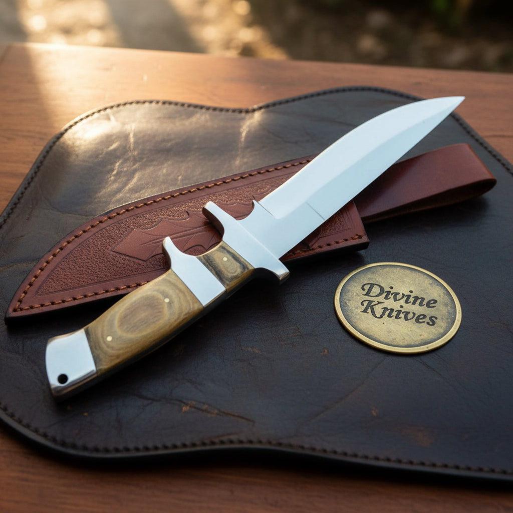 Polished Steel Sub-Hilt Bowie Knife with Mirror Finish for Hunting and Display