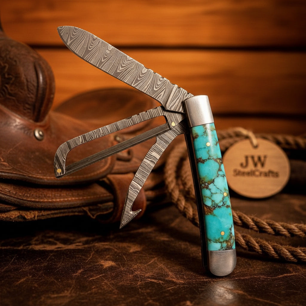 Turquoise Vein Damascus Trapper Folder Knife 7" Handmade Two-Blade with Resin Handle