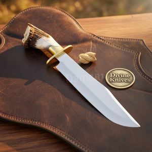 Crown Antler D2 Steel Brass Clip-Point Bowie with Dog-Leg style Handle