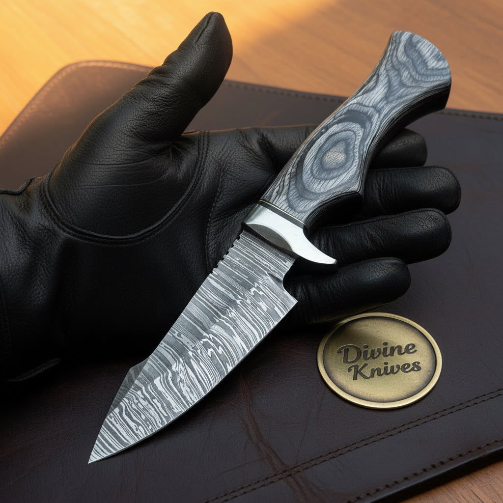 Grey Micarta Damascus Skinner Knife with product detail, view 4