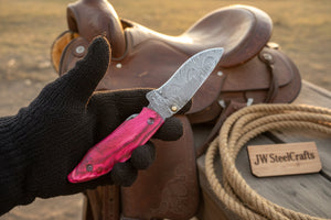 Pink Pakka Wood Damascus Folding Knife 7” – Handmade Persian EDC Pocket Knife
