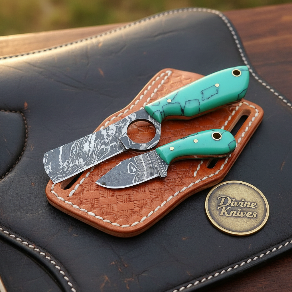 Turquoise Ring Bull Cutter & Skinner Set blade and handle detail