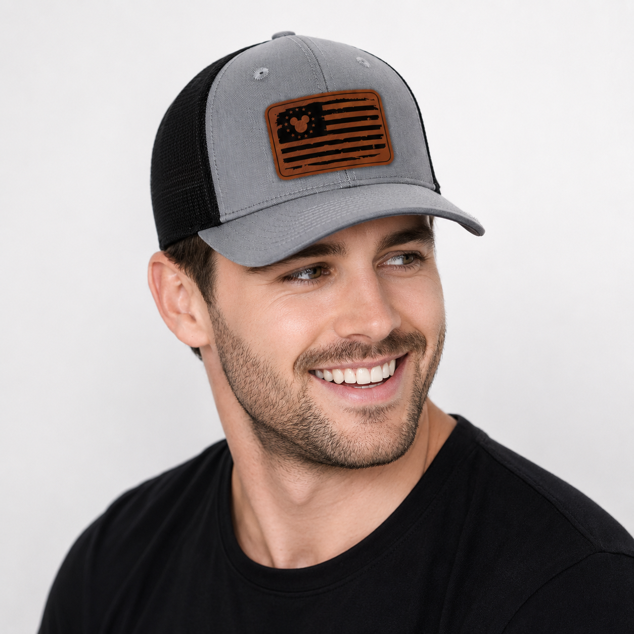 American Flag Trucker Hat by Little Ears Boutique, Southern lifestyle apparel detail photo 2