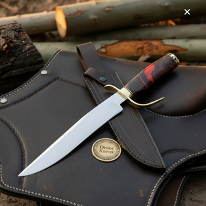 Red Micarta Handle Bowie Knife with Polished Drop Point Blade and Tooled Black Sheath
