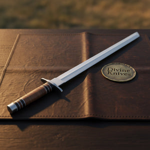 Polished Steel Tanto Sword with Wrapped Handle and Leather Sheath