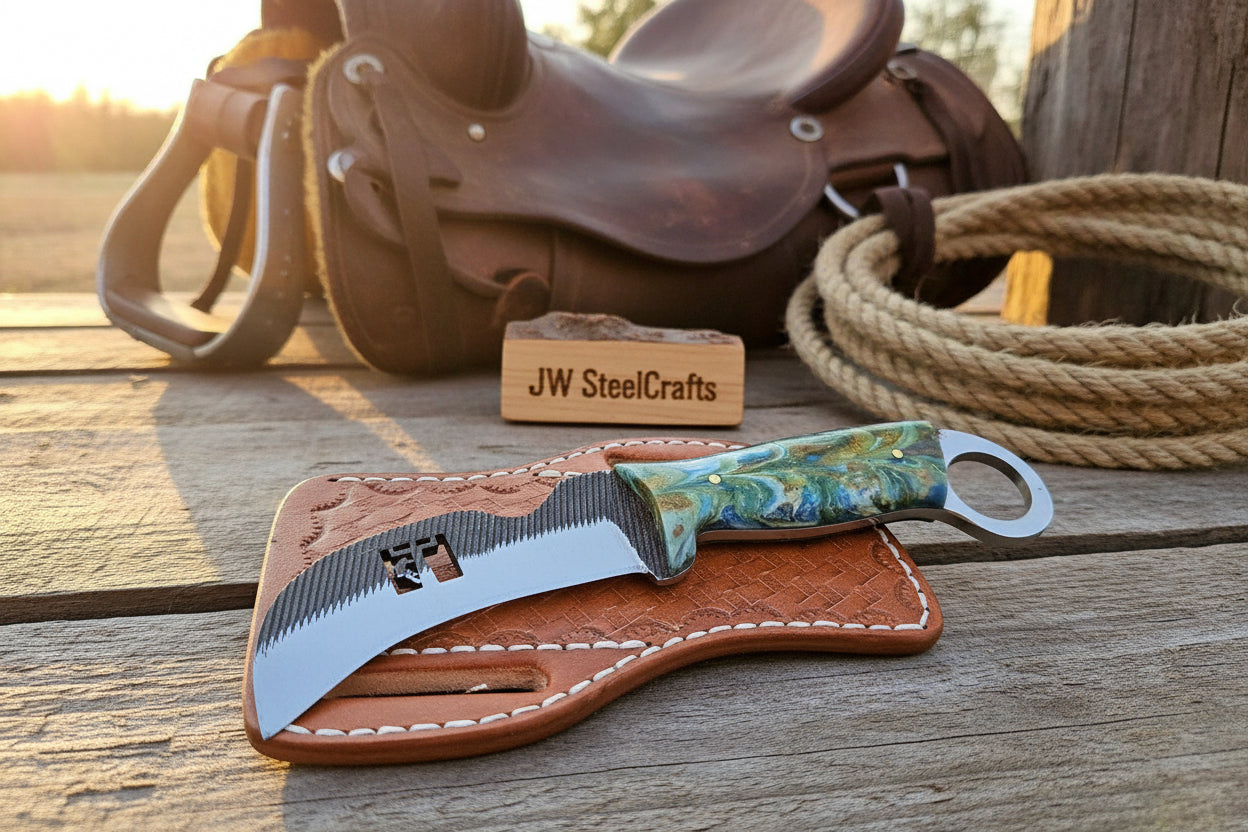 Ocean Marble Karambit Knife 6" Handmade High Carbon with Resin Handle Finger Ring