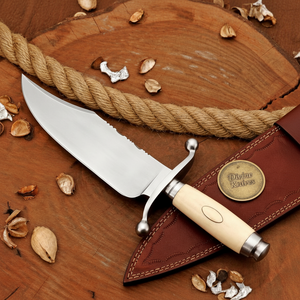 Bone Handle Bowie Knife with Mirror Finished Blade and Hand Stitched Leather Sheath