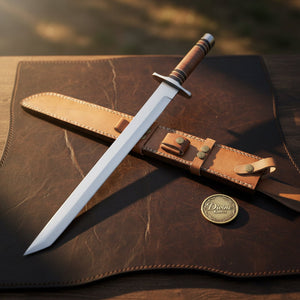 Polished Steel Tanto Sword with Wrapped Handle and Leather Sheath