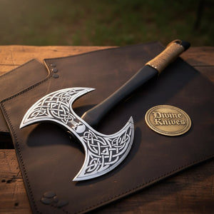 Viking Double-Headed Battle Axe with Knotwork and Skull Motif