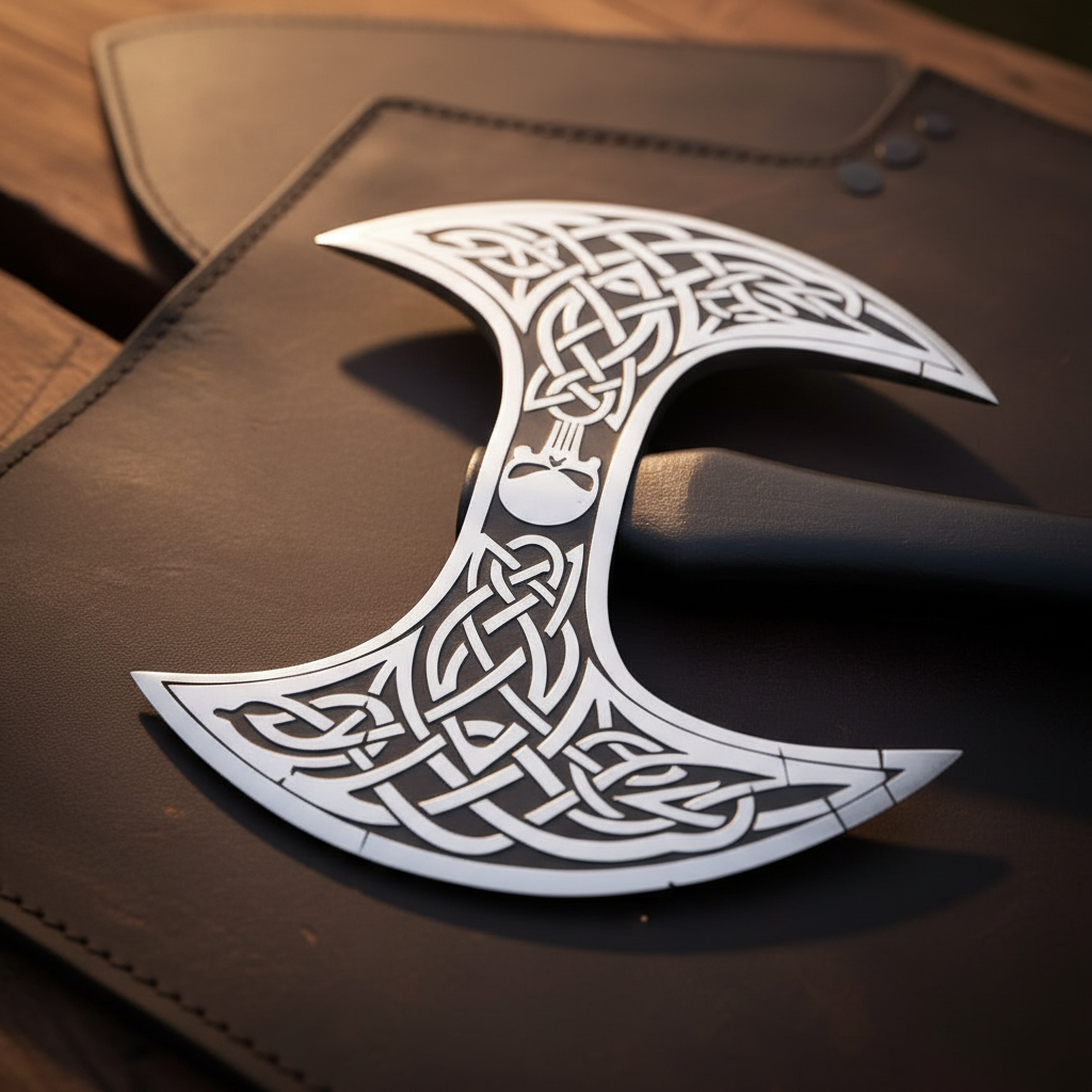 Viking Double-Headed Battle Axe with Knotwork and Skull Motif