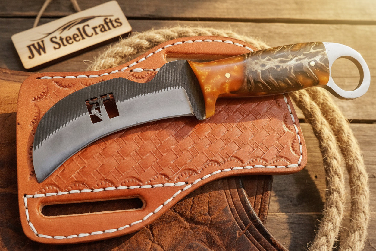 Amber Marble Cross Karambit Knife 6" Handmade High Carbon with Resin Handle