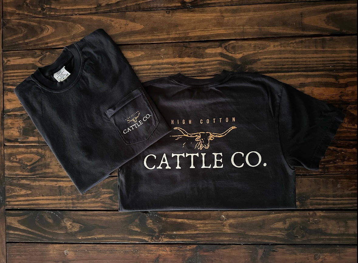 Detail view of Cattleman Black Comfort Colors Pocket Tee by High Cotton Hat Co