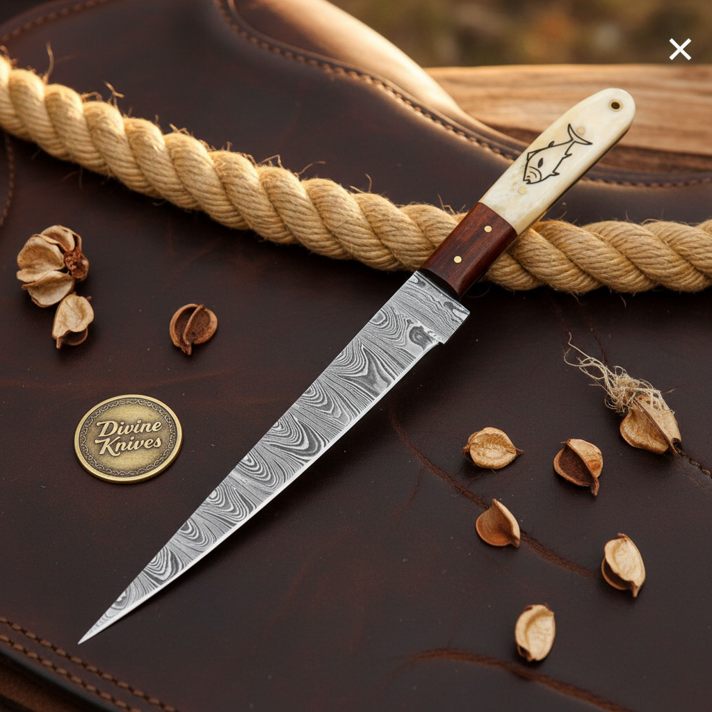 Camel Bone Fillet Knife with Flexible Forged Blade and Engraved Fish Motif Handle by Divine Knives — product view 2