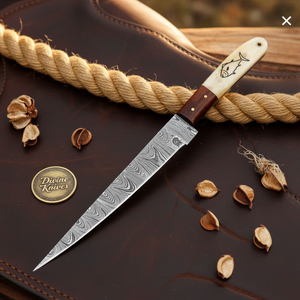 Camel Bone Fillet Knife with Flexible Forged Blade and Engraved Fish Motif Handle