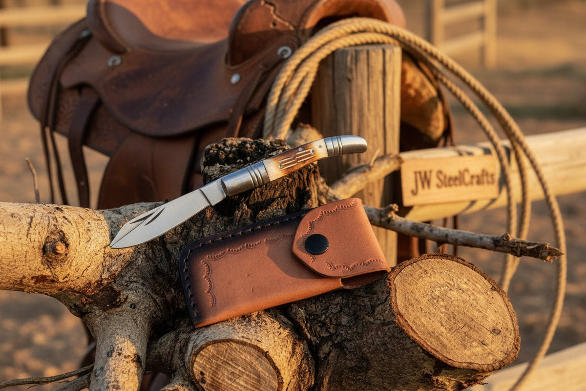 Two-Blade Trapper Knife with Synthetic Stag Horn Handle detail view by JW SteelCrafts