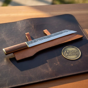 Hand-Forged Butcher Cleaver Knife with Rosewood Handle & Leather Sheath