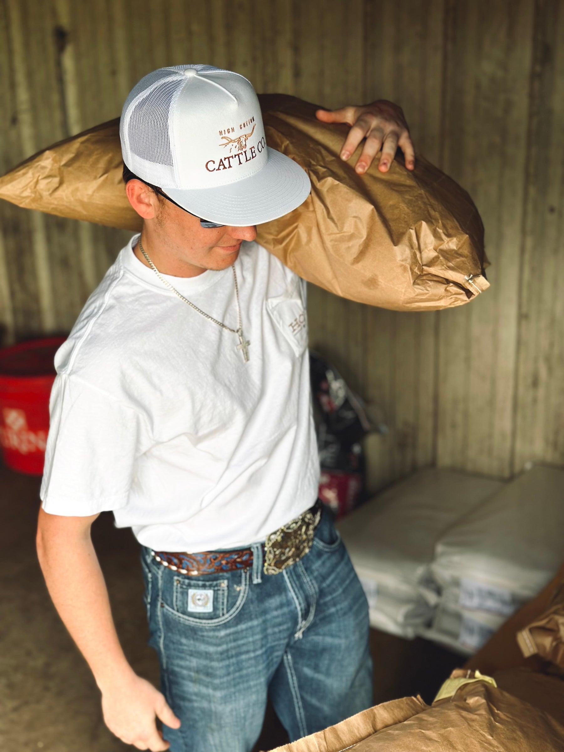 Detail view of The Cattleman White Flat Bill Hat by High Cotton Hat Co