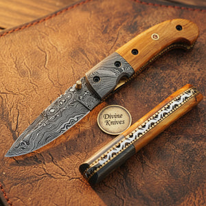 Olive Wood Folding Pocket Knife with Forged Bolsters and Figured Grain Handle Scales