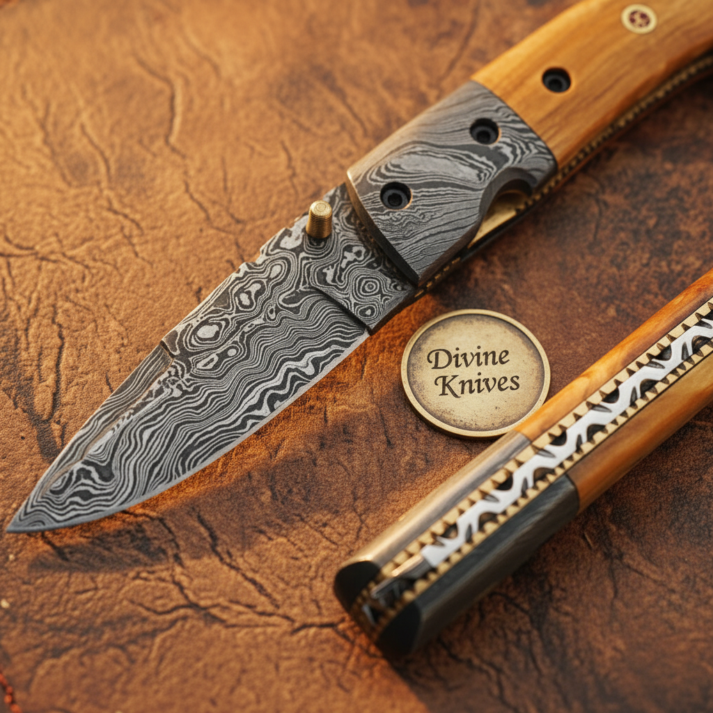 Olive Wood Folding Pocket Knife by Divine Knives — detail view 2