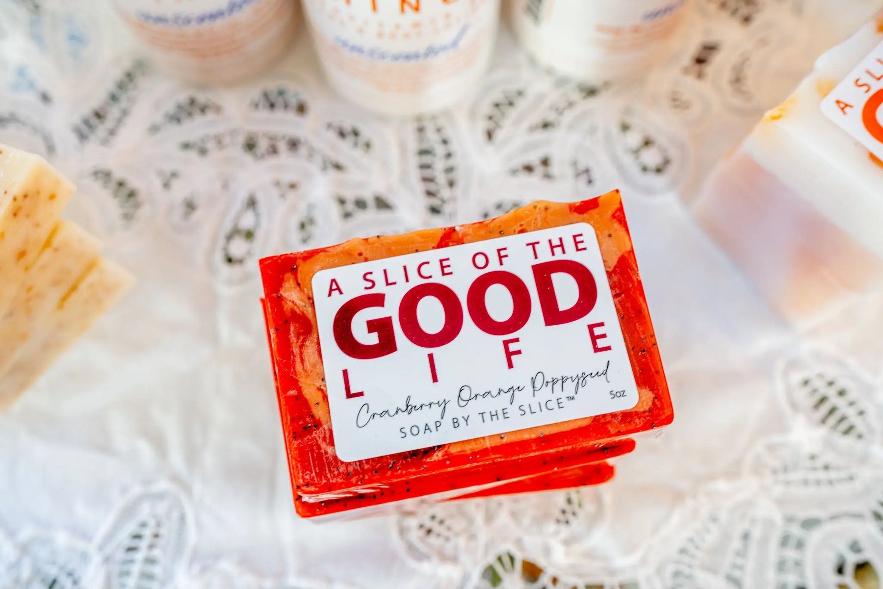 Cranberry Orange Poppy Seed Soap Slice 5 Oz. by Essential Journeys, natural skincare detail photo 5