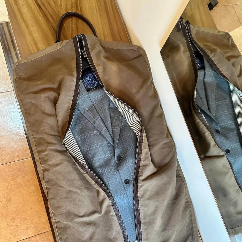 Campaign Waxed Canvas Garment Bag by Mission Mercantile Leather Goods, handmade leather goods detail photo 3