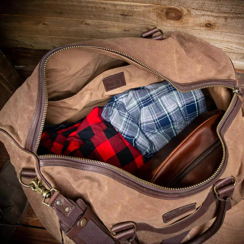 Campaign Waxed Canvas Large Field Duffle Bag by Mission Mercantile Leather Goods, handmade leather goods detail photo 2