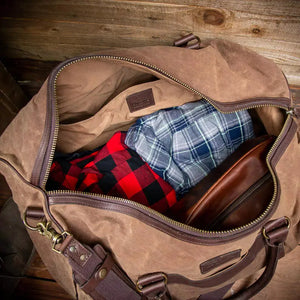 Campaign Waxed Canvas Large Field Duffle Bag by Mission Mercantile Leather Goods, handmade leather goods detail photo 2