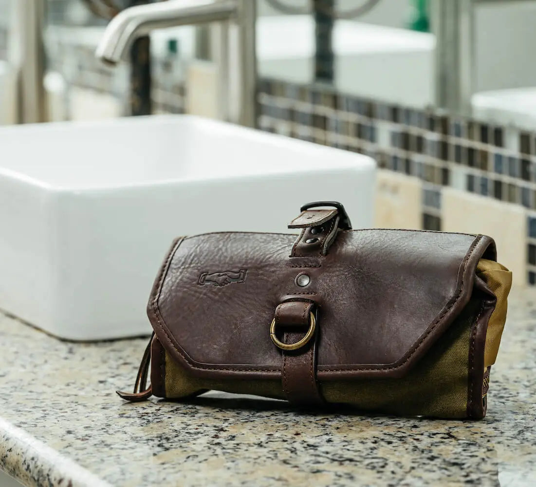 Campaign Waxed Canvas Roll-Up Toiletry Shave Kit by Mission Mercantile Leather Goods, natural skincare detail photo 2