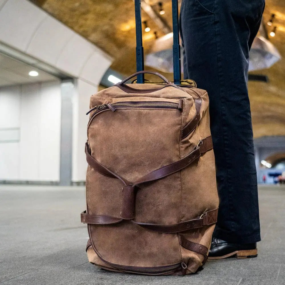 Campaign Waxed Canvas Wheeled Carry-On Duffle Bag by Mission Mercantile Leather Goods, handmade leather goods main product photo
