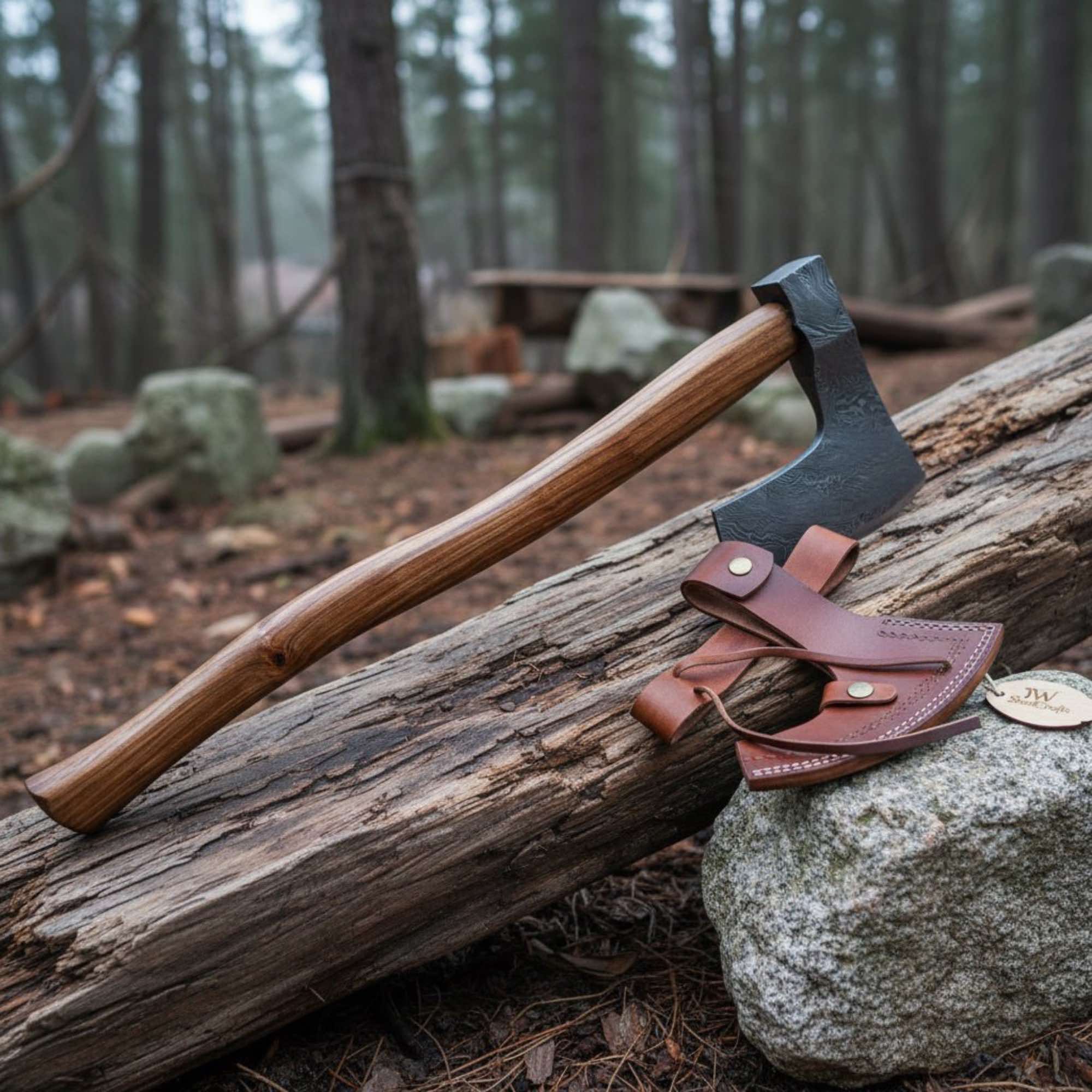 Hand-forged Damascus Bearded Axe for Bushcraft & Trail Work by JW SteelCrafts, Southern handmade gift detail photo 2