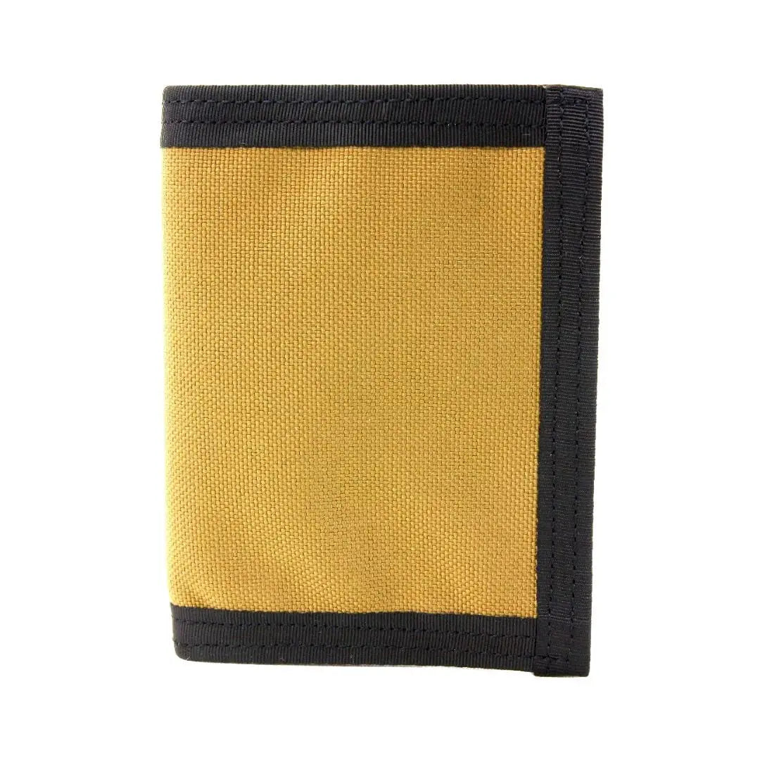 Yellow canvas tri-fold wallet with black trim.
