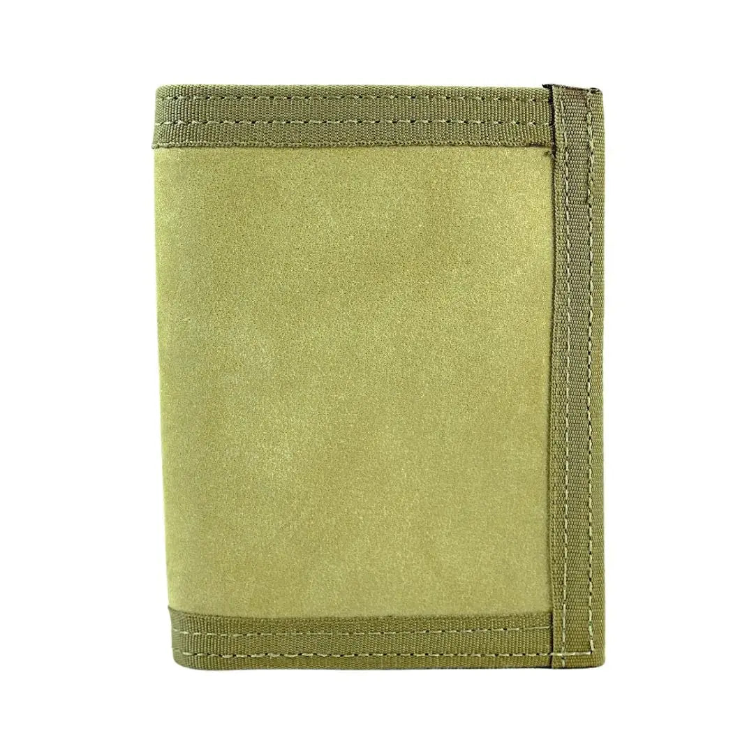 Tan bifold wallet with military-style binding and visible stitching