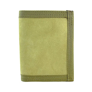 Tan bifold wallet with military-style binding and visible stitching